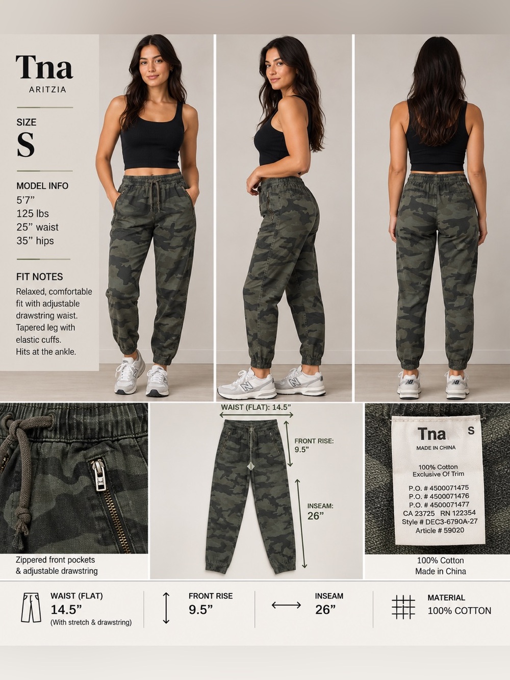 Tna Aritzia Alix Camo Joggers Small High Rise Lightweight Cotton Utility Pants
